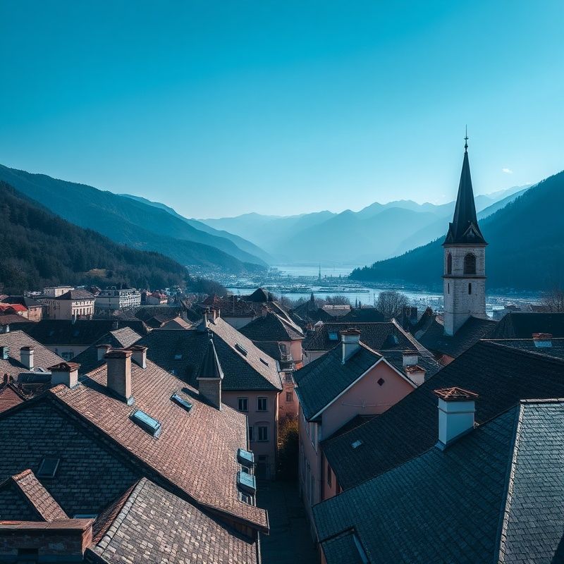 Pogled iz zraka na staro mestno jedro Kranja z gorenjskim ozadjem